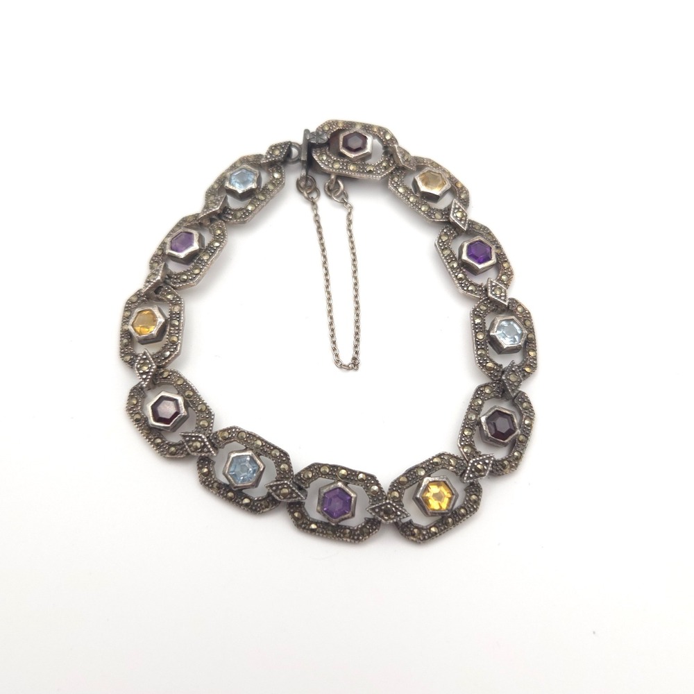 Vintage Sterling Silver Marcasite Multi Gemstone Art Deco Link Bracelet 925 - Picture 2 of 9